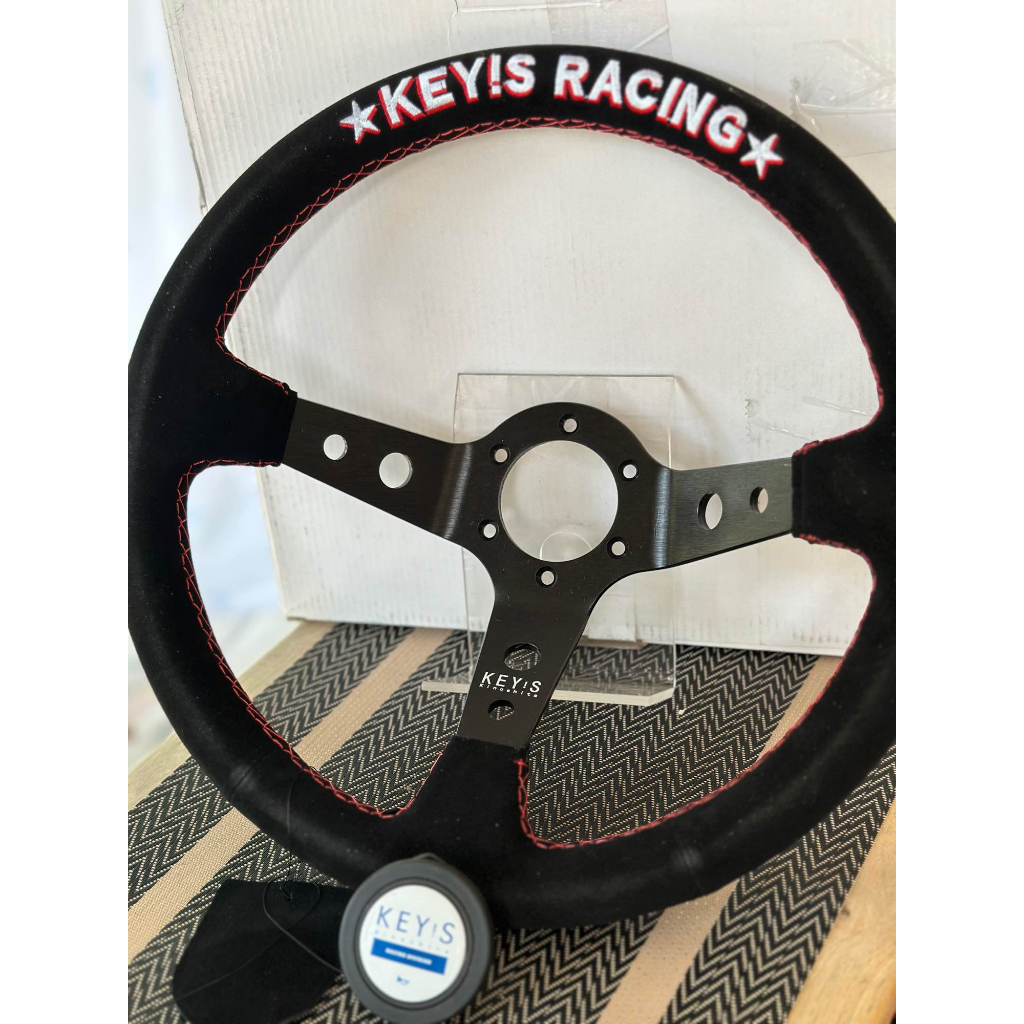 พวงมาลัยแต่ง สำหรับรถยนต์ 5125 โลโก้ Key’ racing แดง ก้านยก 3 นิ้ว สีดำ ...