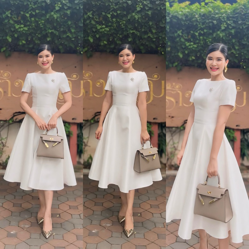 เดรสทำบุญพรีเวดดิ้งผ้าไหมอิตาลีอัดกาว ทรงสวย S-3XL ขาว-ดำ พร้อมส่ง มุมมองที่ 3