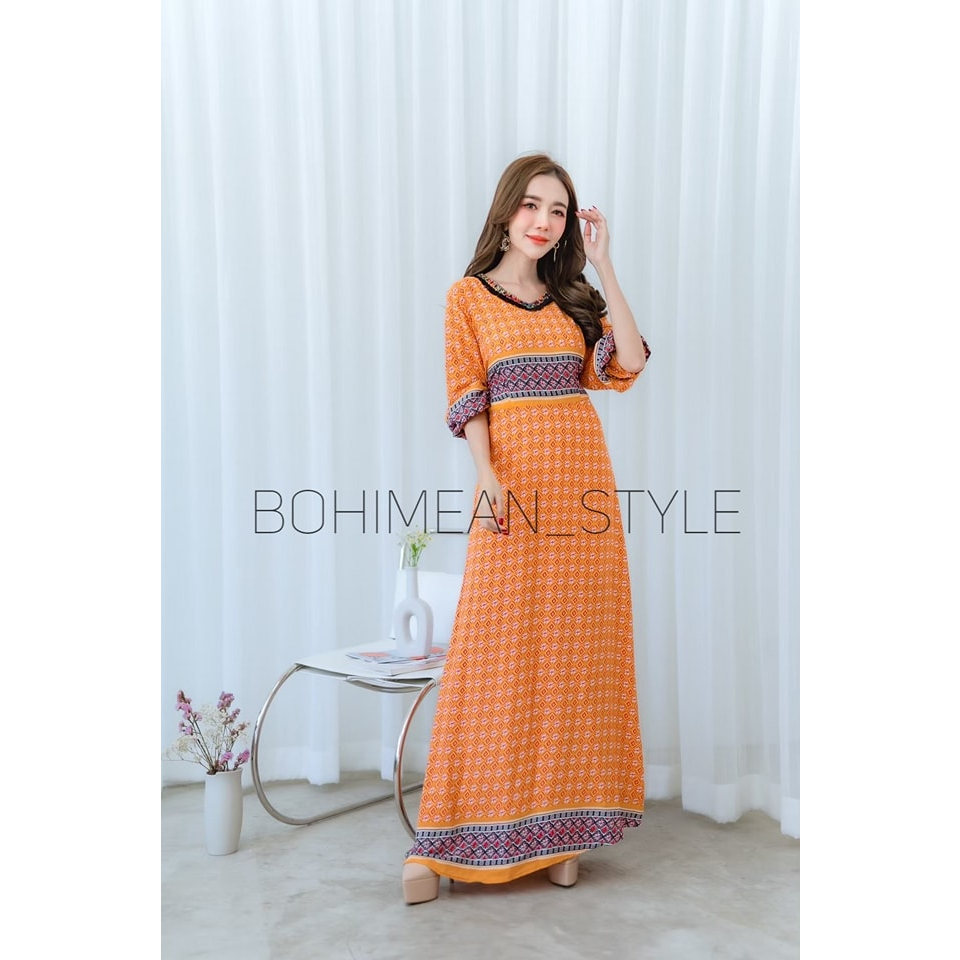 sale-maxi-dress-bohemian-style-สินค้าลดราคาพิเศษ-ชุดเดรสยาวผ้าพิมพ์ลายสไตล์โบฮีเมียน-ชุดสาวอวบใส่ออกงาน-เดรสสีส้ม