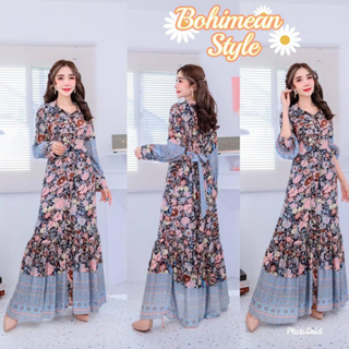 SALE Maxi Dress Bohemian สินค้าลดราคาพิเศษ ชุดเดรสเชิ้ตผ้าพิมพ์ลายดอกไม้สไตล์โบฮีเมียน เดรสสาวอวบ ชุดอินเดียใส่ออกงาน