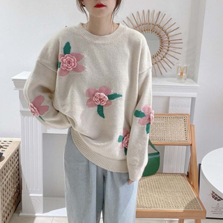 Aurora Sweater เสื้อหนาวไหมพรมลายดอก สไตล์เกาหลี TS1654