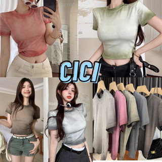 Cici(NO.T6605)เสื้อ (Crop top) แขนสั้น คอกลมดีเทลลายมัดย้อม ทรงสลิมฟิต ผ้านุ่มนิ่มสุดๆ