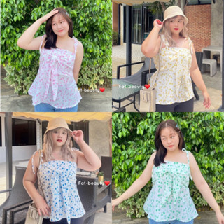 เสื้อสายเดี่ยวลายดอกผูกโบว์ด้านหน้า ปรับผูกได้ตามตัว ไซส์ใหญ่ plussize F