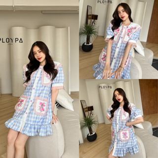 Lover Dress🍬 เซตเกาหลี ผ้าทอลายทวิตสีฟ้าชมพู โทนสีลูกคุณหนูมากๆค่ะ ปกปักลายดอกไม้ แต่งระบายสีชมพูหวานๆ