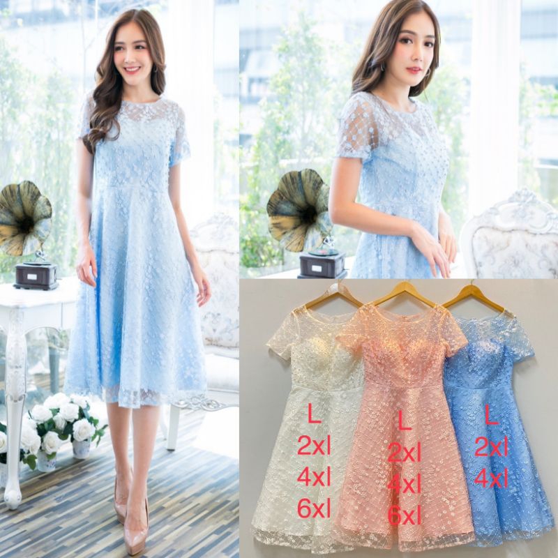 ชุดราตรีออกงาน3สี-l-6xl-dress-เดรสสีฟ้าแขนสั้นปักลูกไม้แต่งมุก-งานป้าย-love-love