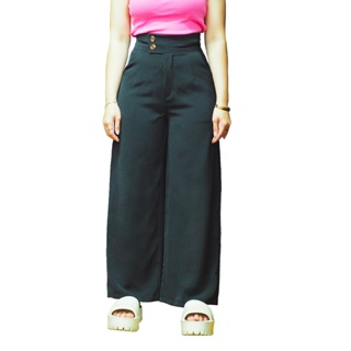 กางเกงขายาวผู้หญิง กระบอกใหญ่ขอบเกยเอวสูง (ผ้าฮานาโกะ) มีสีดำ ขาว นู้ด ครีม (S-3XL)