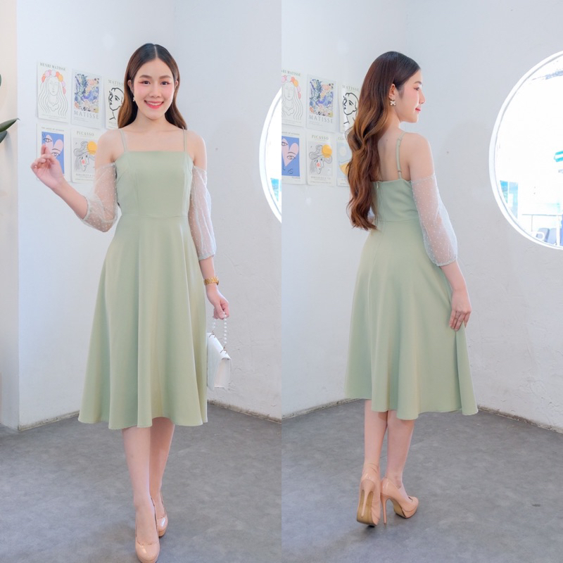 LX6103 Midi Dress แขนซีทรู หวานหรู ชุดเพื่อนเจ้าสาว ชุดออกงาน แต่งงาน 2568 ทรงกระโปรงบาน มุมมองที่ 5