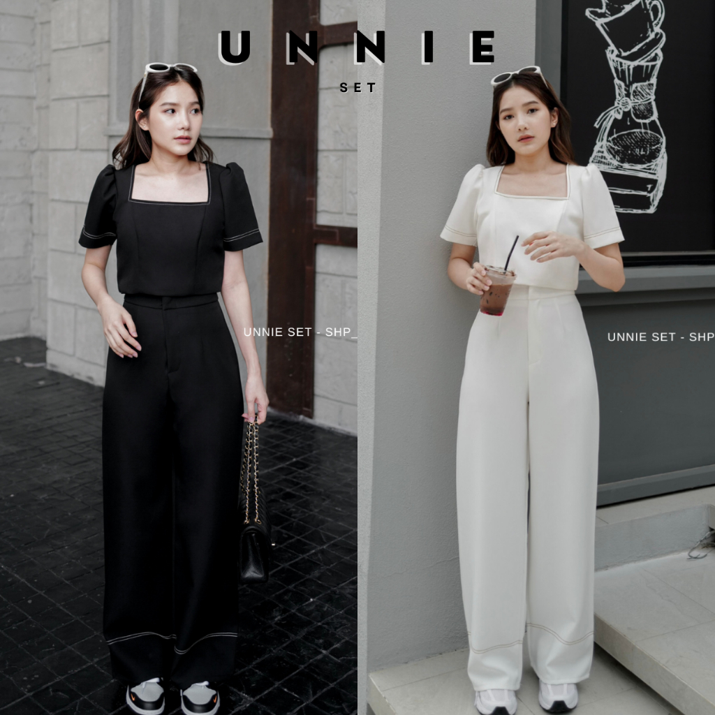 UNNIE SET - SHP_HAPPY ชุดเซตเสื้อแขนตุ๊กตาและกางเกงขายาวดีเทลเย็บด้ายสี ...