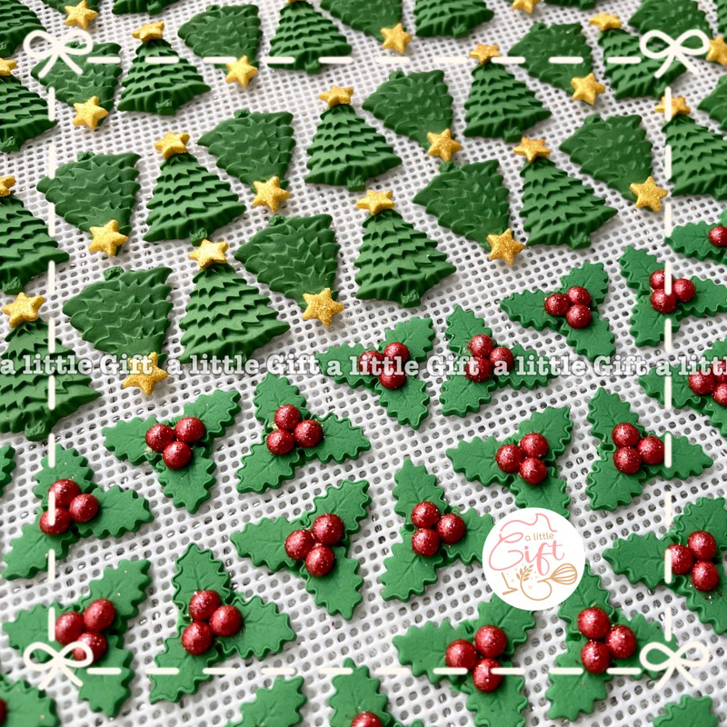 ต้นคริสต์มาส ใบฮอลลี่🎄กัมเพส/น้ำตาลแต่งเค้ก (ทานได้ค่ะ)