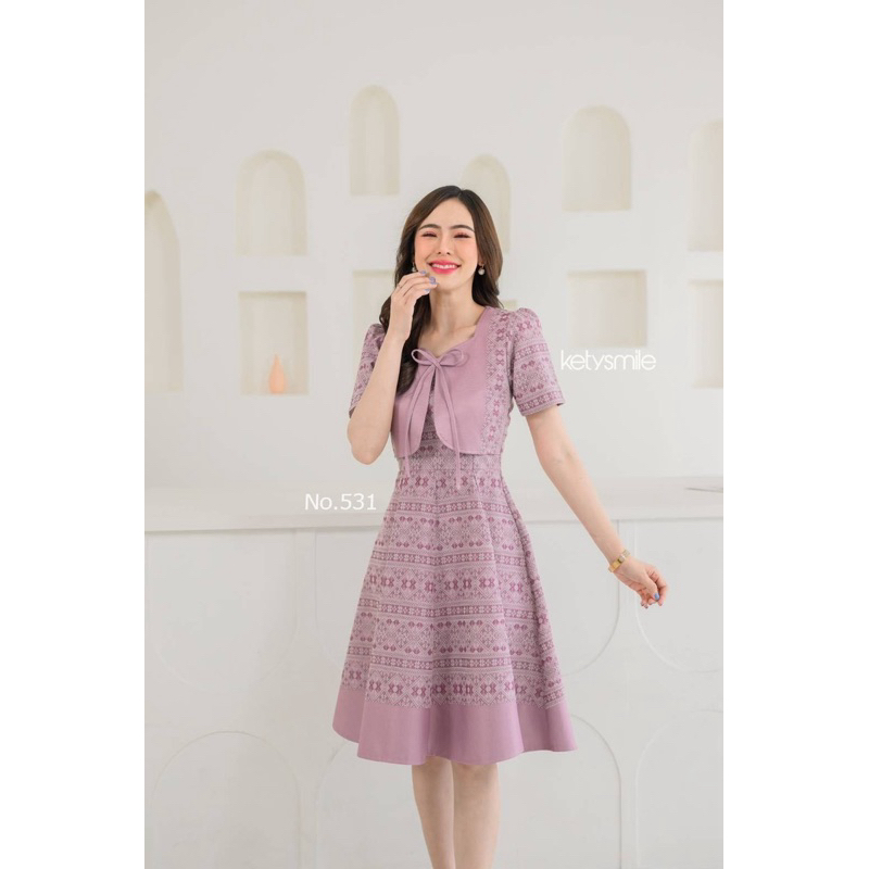 เดรสผ้าไทยผ้าทอลาย ใส่ทำงานได้ทุกวัน อัดกาวทั้งตัว ตรงปก 100% มุมมองที่ 3