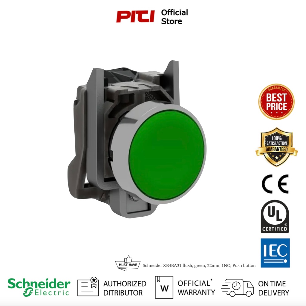 Schneider XB4BA31 flush, green, 22mm, spring return, unmarked, 1NO