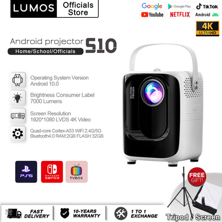 ภาพหน้าปกสินค้าLumos(รุ่นใหม่ 2023)Projector S10 มินิโปรเจคเตอร์โฮมเธียเตอร์ Android Smart TV Micro Projector แบบพกพา จากร้าน movie_time.os บน Shopee