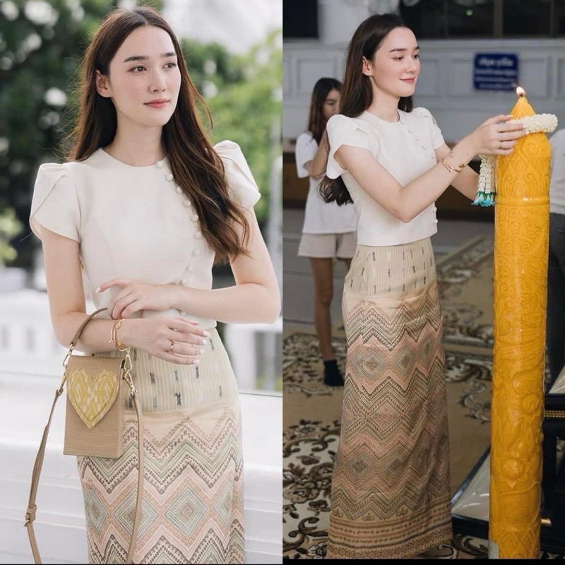 ชุดไทยใส่งานบุญสีขาวครีม ขายดี! ผ้าดี ทรงสวย ดูดีทุกงาน มุมมองที่ 2