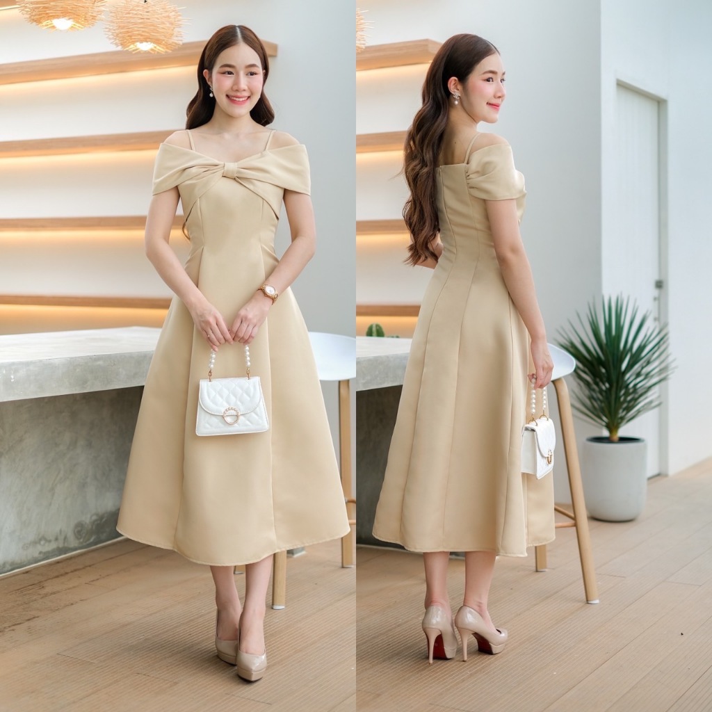 เดรสเปิดบ่าโบว์อก กระโปรงบานเรียบหรู เนื้อผ้าหนานุ่ม ไซส์ S-3XL ใส่ไปงานแต่ง งานเลี้ยง มุมมองที่ 5