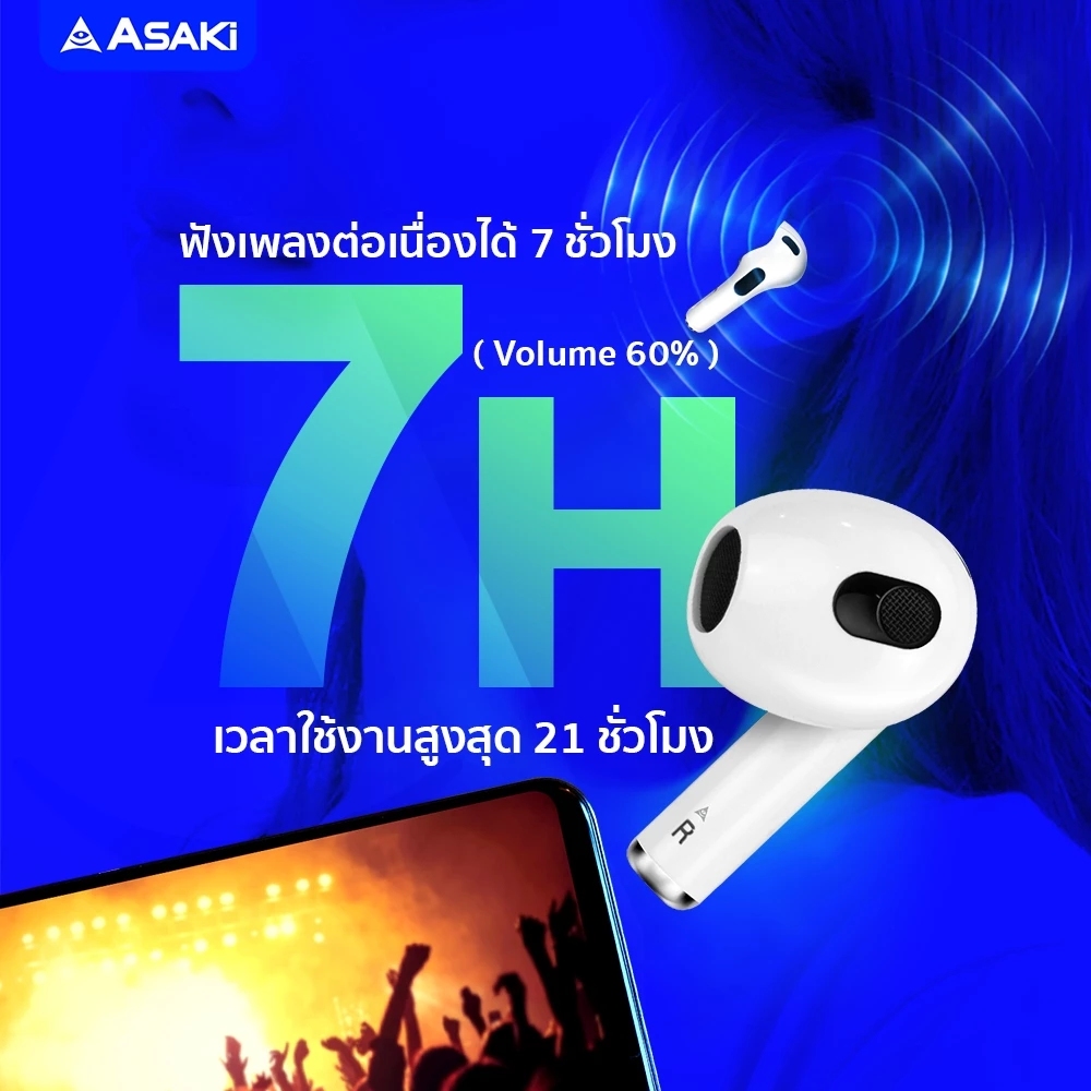 ASAKi AK-PODS3PLUS Earphone หูฟังบลูทูธ 5.3 หูฟังไร้สาย แบตอึด เบสแน่น ไมค์สนทนาชัด รับประกัน 1 ปี