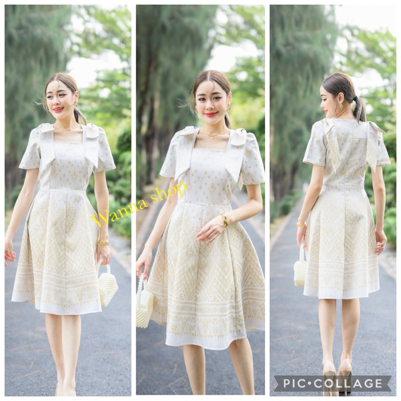 เดรสผ้าไทยแพรวากาฬสินธุ์ สีขาวครีม งานปักโบว์ไหล่ เนื้อผ้าดี ใส่สวยทุกงาน มุมมองที่ 2