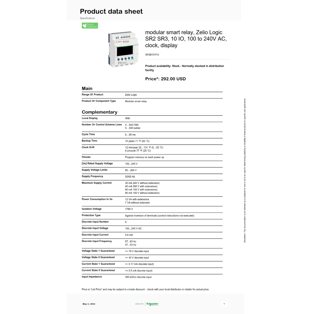 Schneider Smart Relay SR3B101FU 10 I/O Modular Smart Relay Zelio Logic ...