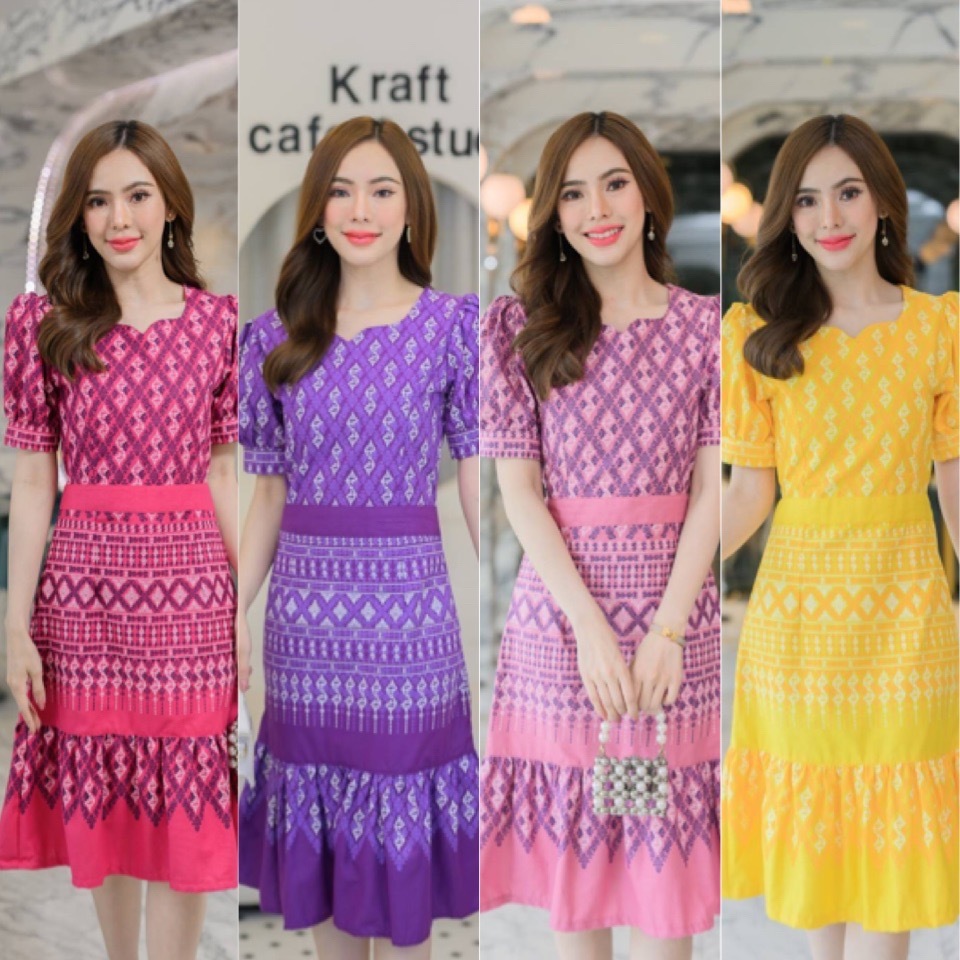 ชุดผ้าไทยทำงานผู้หญิง ผ้าฝ้ายพิมพ์ลาย ไซส์ 36-52 สีสวยทันสมัย ส่งไว