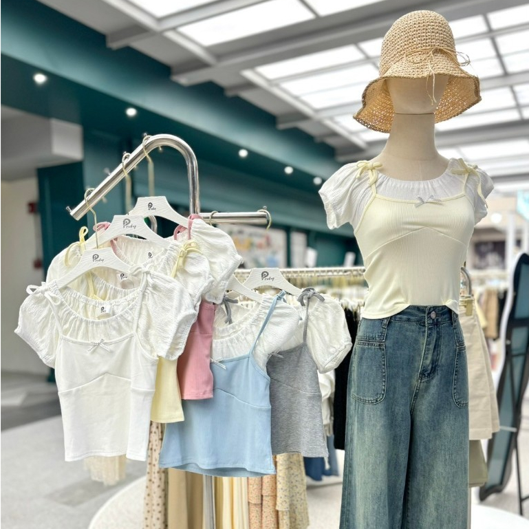 Pradap_brand:เสื้อแขนสั้นปาดไหล่แต่งสายเดี่ยว | Shopee Thailand