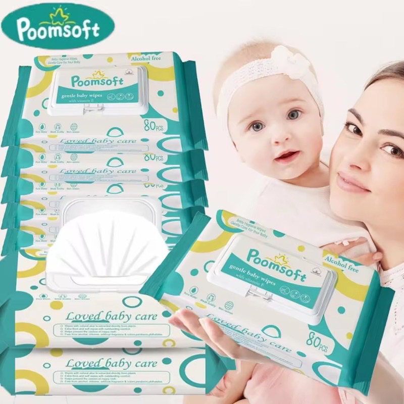 Poomsoft ทิชชู่เปียก 80แผ่น/แพ๊ค Baby wipes กระดาษทิชชู่เปียก Poomsoft ...