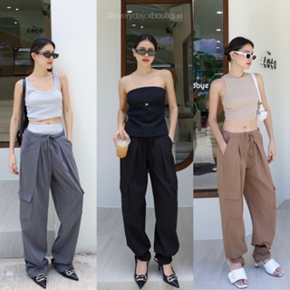 CARGO JUMPER PANTS🩶🤎🖤(490฿ฟรีส่ง) สุดปัง!! กับกางเกงขายาว เอวฟรีไซร์รูดเชือก รุ่นนี้ทางร้านออกแบบให้ใส่ได้ทุกหุ่น glam