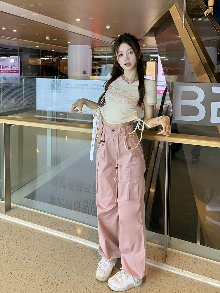 เสื้อครอป เสื้อยืดผู้หญิง คอกลม สวมใส่สบาย ที่เอวมีสายเชือก2เส้น ...