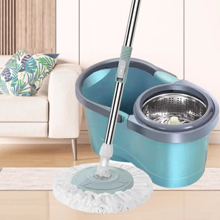 BINYUE  H548 ชุดถังปั่นสแตนเลส + ไม้ถูพื้น Spin Mop พร้อมผ้าม๊อบไมโครไฟเบอร์ 2 ผืน