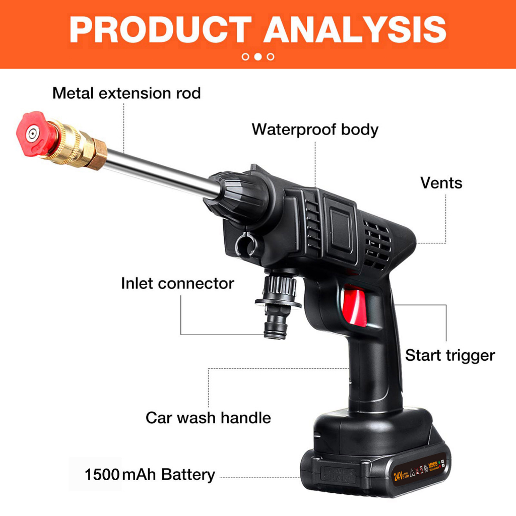 พร้อมส่งจากไทย-150psi-ปืนฉีดน้ำแรงดันสูงไร้สาย-เครื่องฉีดน้ำแรงดันสูง-24v-1500mah-แบตเตอรี่-2ก้อน-ปืนล้างรถ