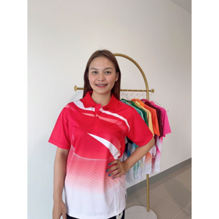 เสื้อโปโลพิมพ์ลายริ้ว1 สีแดง ผ้ากีฬางานซับลิเมชั่น