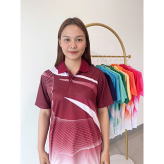 เสื้อโปโลพิมพ์ลายริ้ว1 สีเลือดหมู ผ้ากีฬางานซับลิเมชั่น