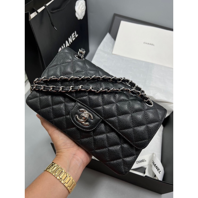 CC 25P Medium Flap Bag 25cm Top Handle Black Calfskin Gold Hardware