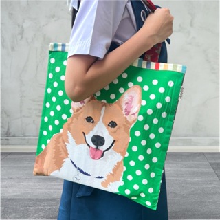 กระเป๋าผ้าอเนกประสงค์ลายสุนัข Buddy Tote พร้อมหมุดสวยงาม Tote bag with pin ขนาด 32x34cm