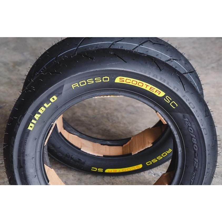 ยาง PIRELLI ROSSO SC ตัวนี้ขอบ 12 ตัวอักษรเหลือง ขนาดยางหลัง 120/80-12 ...