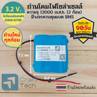 แบตเตอรี่ไฟโซล่าเซลล์  ถ่านสปอร์ตไล้ท์โซล่าเซลล์ ถ่านลิเธียมฟอสเฟตLifePO4 32650/32700 แรงดัน 3.2V. ความจุ 13000 mAh.