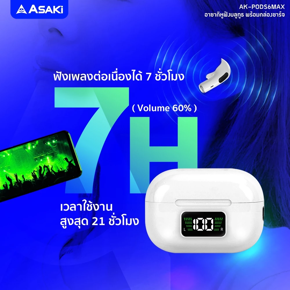 ASAKi AK-PODS6MAX Bluetooth 5.3 Earphone หูฟังไร้สาย หูฟังบลูทูธ  เบสแน่น ไมค์ชัด - รับประกัน 1 ปี https://wayoza.com