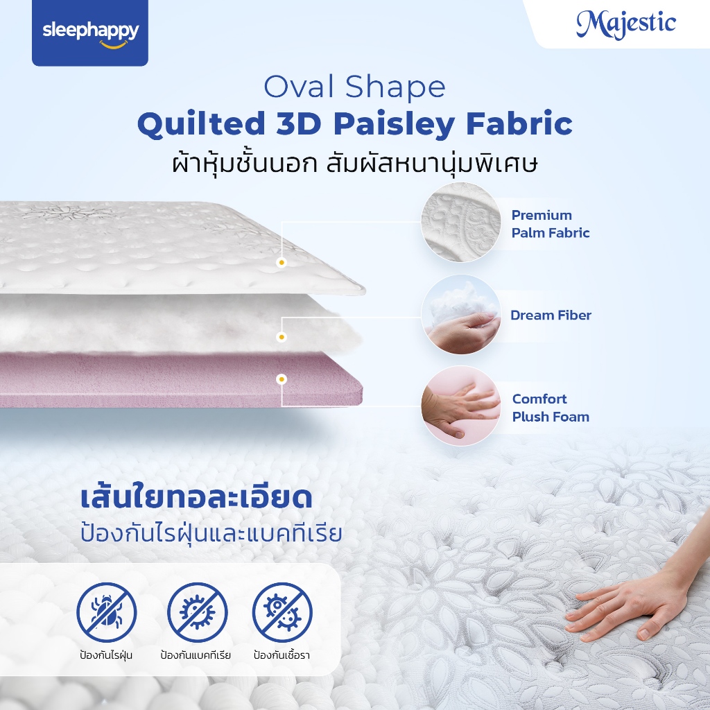 SleepHappy รุ่น Majestic ที่นอนยางพาราธรรมชาติ Hybrid เสริมคูลเจลเมมโมรี่โฟมและพ็อกเก็ตสปริง หนา 14 นิ้ว
