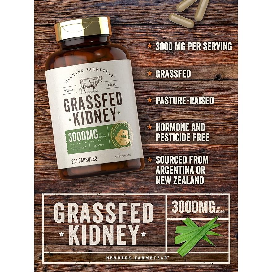 Grass Fed Beef Kidney Supplement 200 Capsules 3000mg Pasture