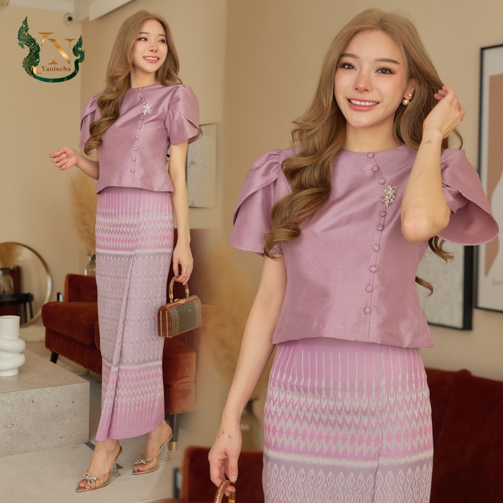 ชุดไทยลิซ่าสีชมพู ไหมแท้ พร้อมส่ง ไซส์ M-4XL ผ้าถุงทรงเอวสูง งานป้ายYanischa