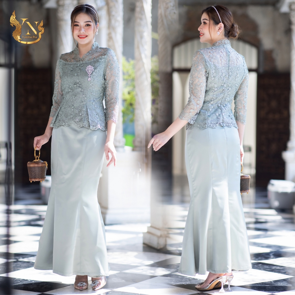 ชุดเซตลูกไม้ใยบวบฝรั่งเศษพรีเมียม กระโปรงหางปลา ใส่ไปงาน-วัด (เขียว) มุมมองที่ 2