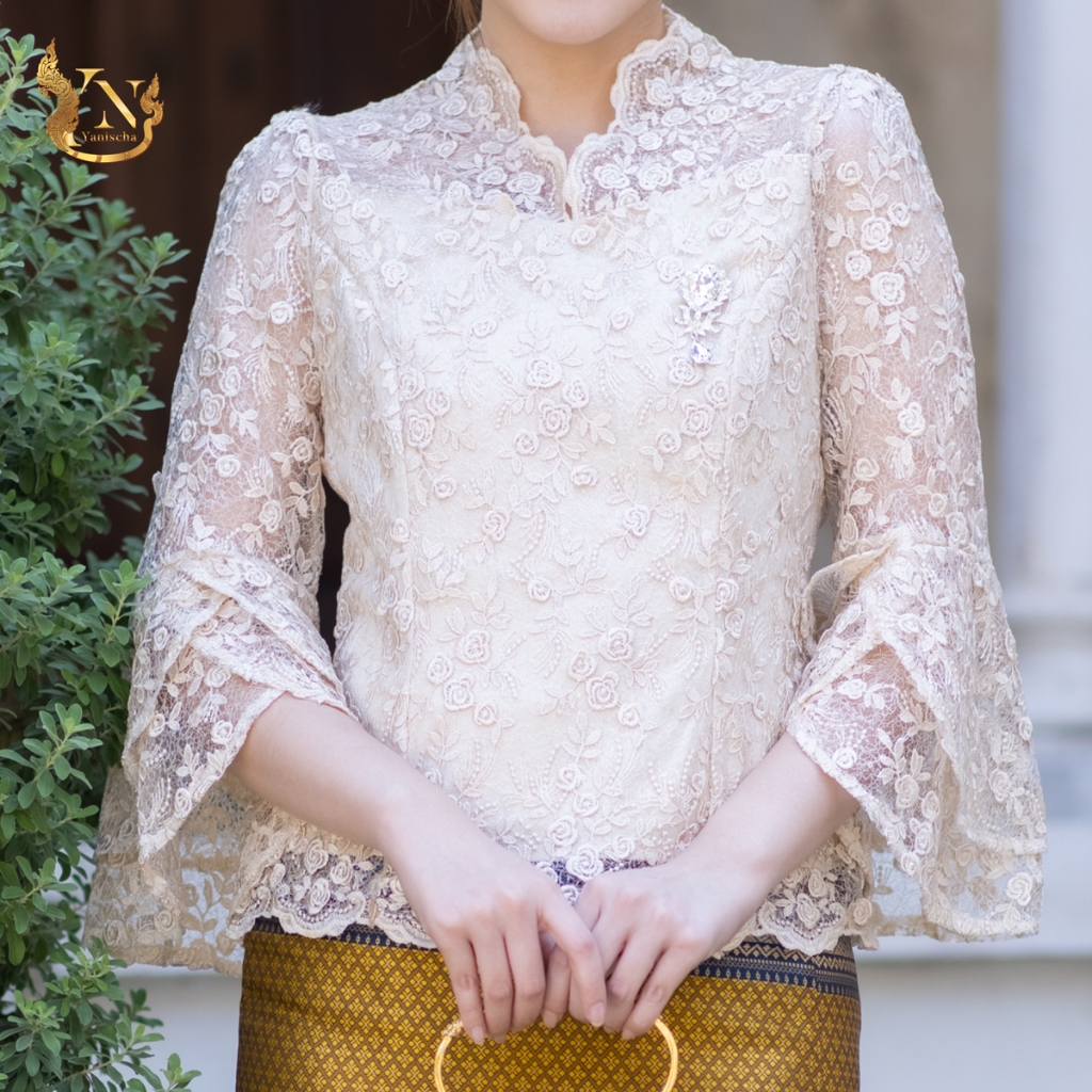 เสื้อลูกไม้ฝรั่งเศสดอกลอย Premium ชุดออกงาน-ไปวัด พร้อมผ้าถุง ไซส์ M-4XL มุมมองที่ 6
