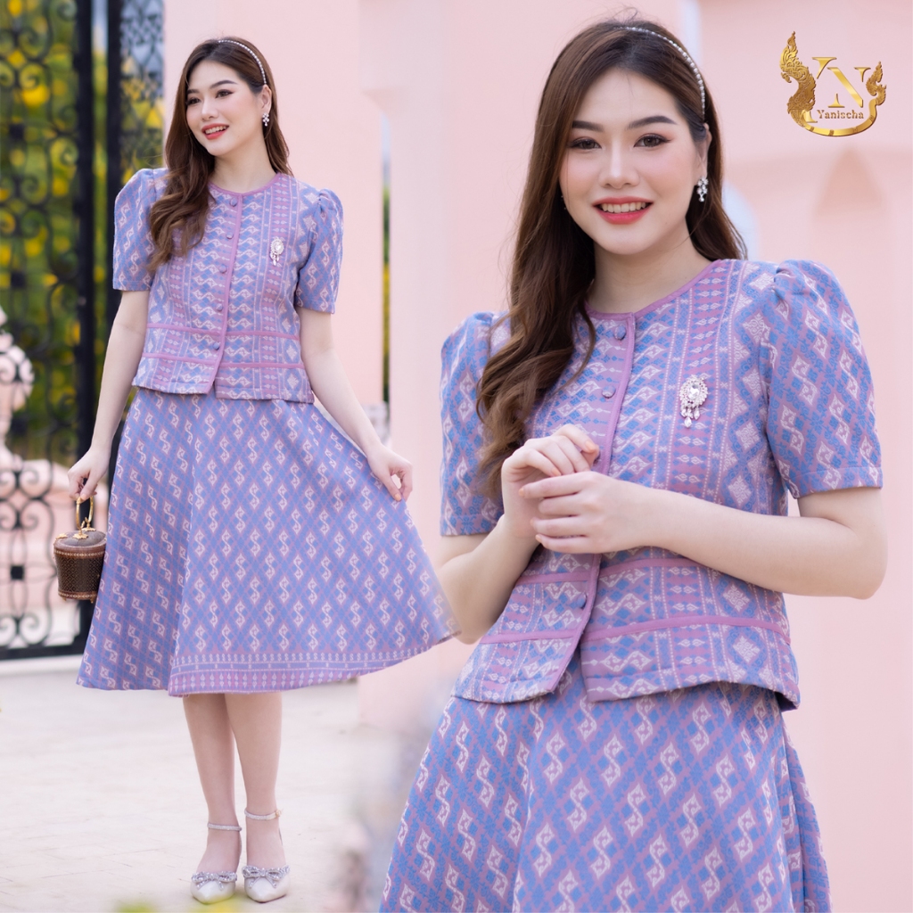 ชุดเซ็ทลายขอราชทาน ผ้าฝ้ายอัดกาว พรางพุง ใส่สวยหรู ไซส์ M-4XL
