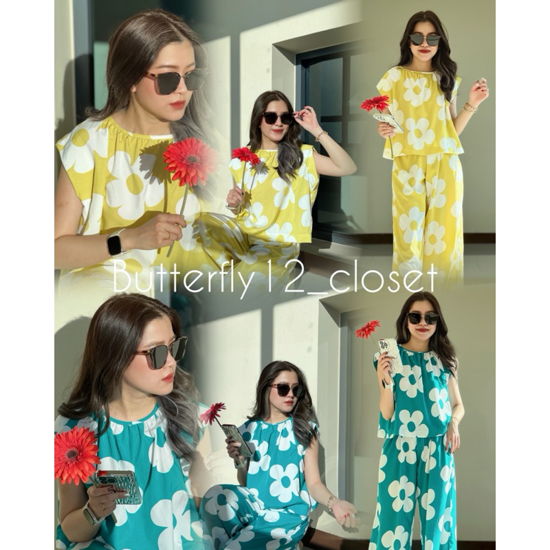 Mari Set ชุดเช็ทเสื้อ+กางเกง สีพื้นลายดอกไม้ใหญ่ | Shopee Thailand