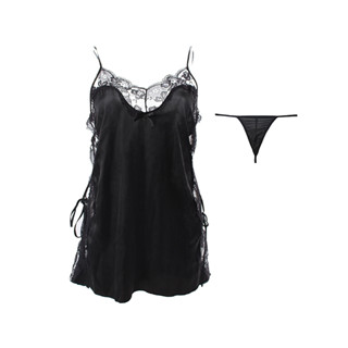 [ซื้อครบ 30.- ลดค่าส่ง 80.-] ชุดนอนผ้าลื่น สายเดี่ยวกระโปรงบาน ปรับสายได้ อกเป็นผ้าลุกไม้ ด้านข้างเป็นผ้าซีทรูลูกไม้