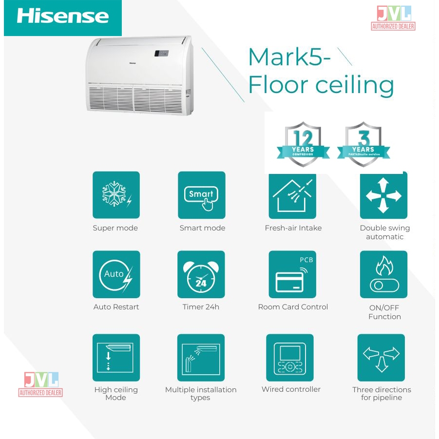 Hisense AUV Ceiling ไฮเซ่นส์ รุ่นใหม่ แอร์ตั้งพื้น แขวนใต้ฝ้า INVERTER เบอร์5 ดาว คอยล์ทองแดง R32