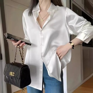 【ส่งจากไทย】เสื้อเชิ้ตแขนยาวผู้หญิง คอปกแฟชั่นผู้หญิง ผ้าซาตินสีพื้น office style เรียบๆ เนื้อผ้าลื่น เสื้อเชิ้ตสีดำ