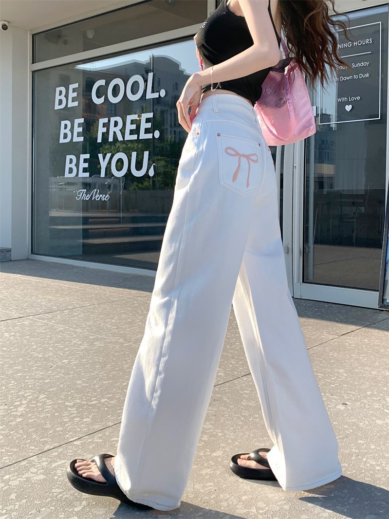 กางเกงยีนส์ กางเกงกระบอก เอวสูง งานปักลายโบว์ มีหลายสีให้เลือก#1218 - 5