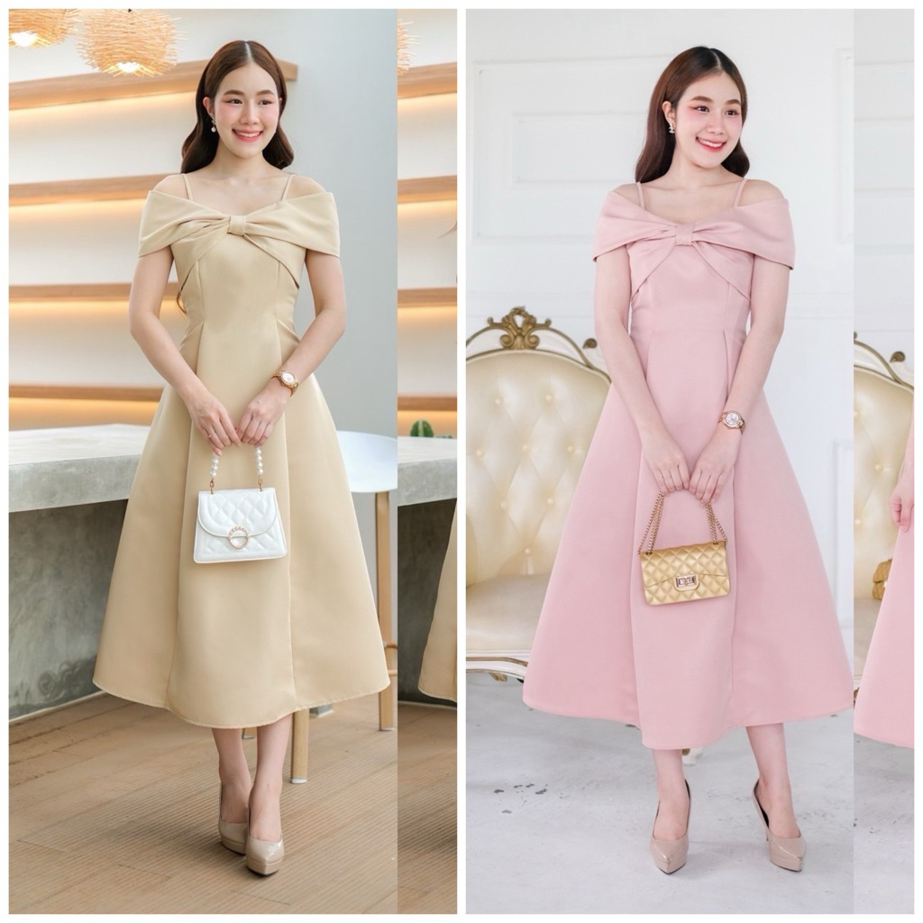 เดรสเปิดบ่าโบว์อก กระโปรงบานเรียบหรู เนื้อผ้าหนานุ่ม ไซส์ S-3XL ใส่ไปงานแต่ง งานเลี้ยง