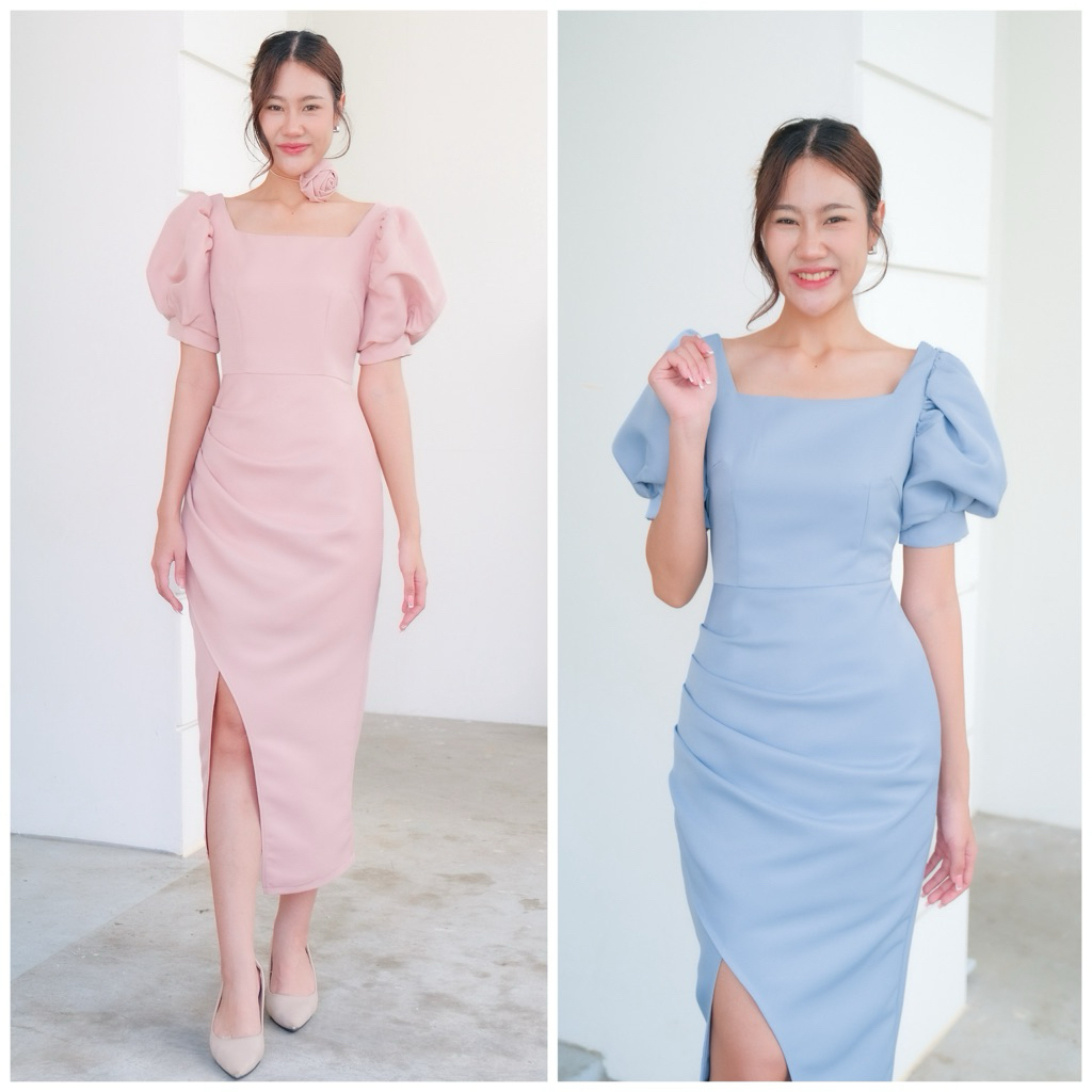 เดรสไปงานแต่ง LX3112 ทรงสุภาพ คอเหลี่ยม แขนบอลลูน พรางพุง 6 สี ไซส์ถึง 3XL