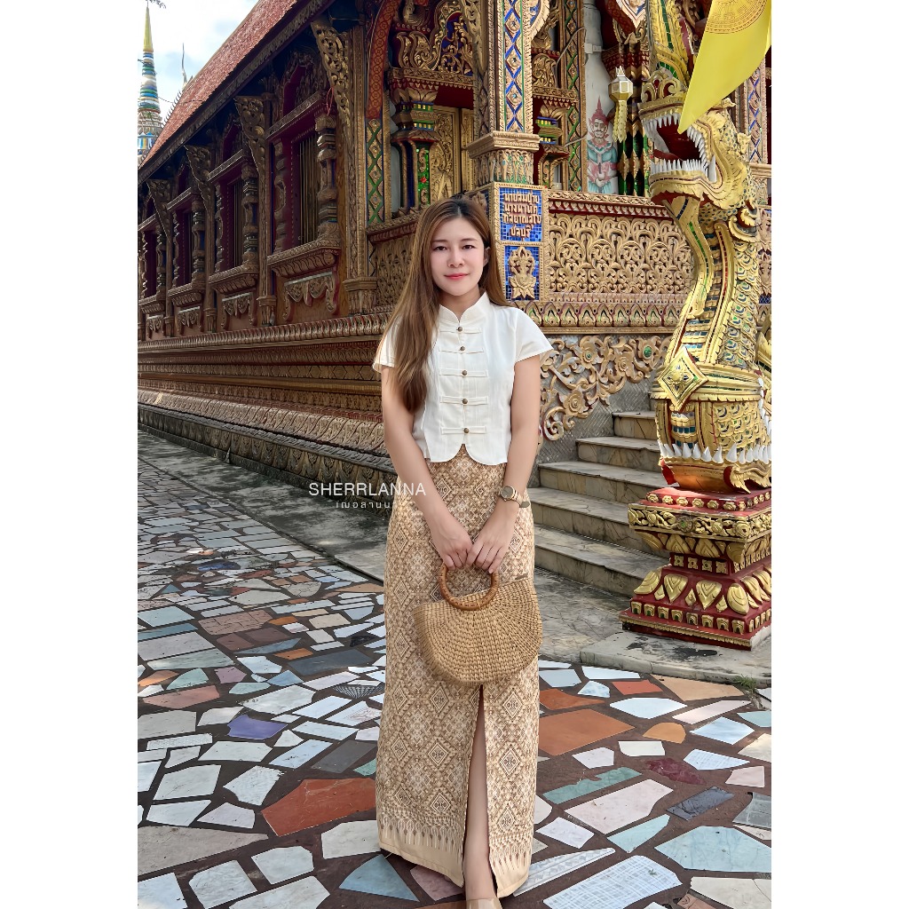 เซทผ้าฝ้ายคอจีนชายโค้ง + กระโปรงลายแพรวา ใส่สบาย ดูแพง สวยทุกไซส์ มุมมองที่ 6