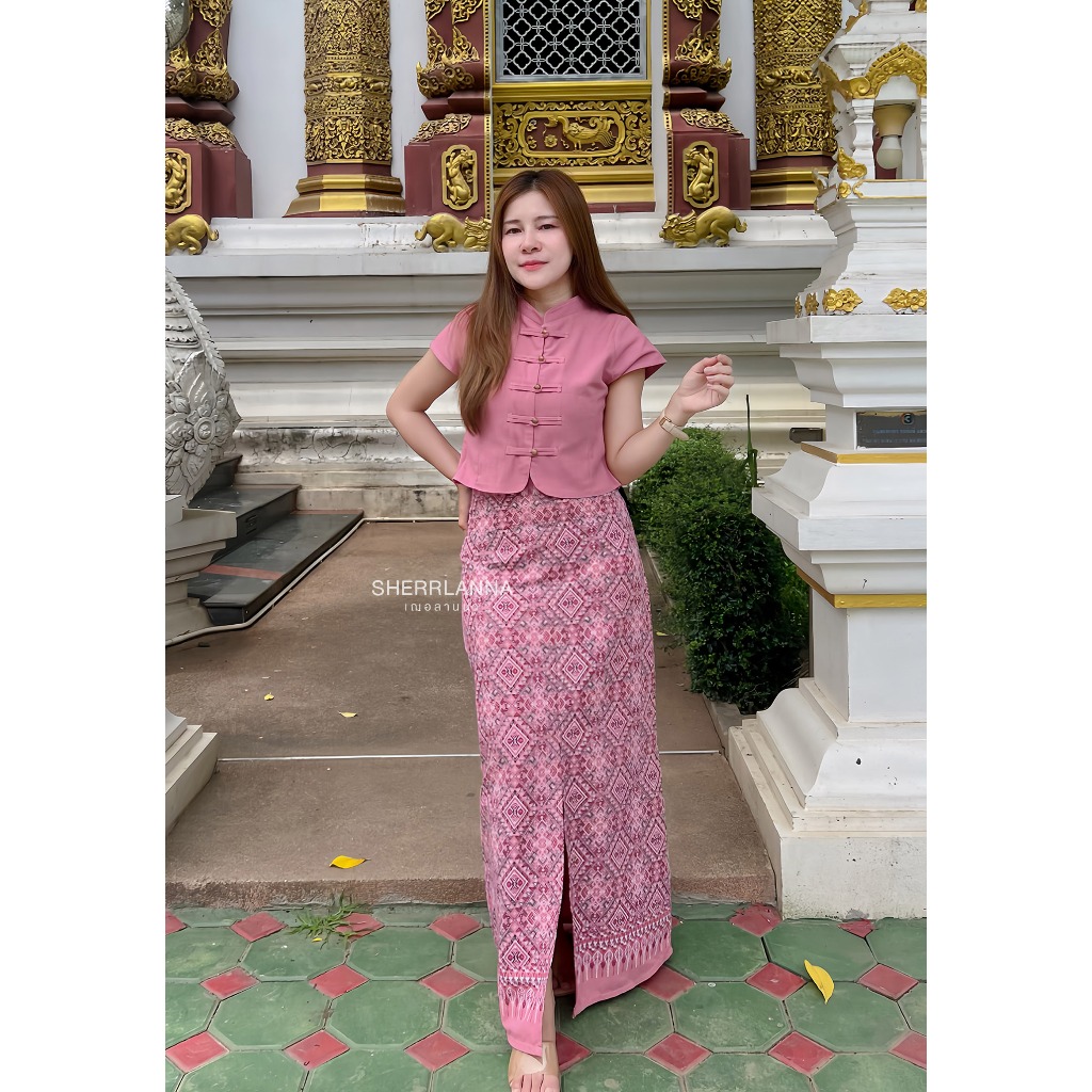 เซทผ้าฝ้ายคอจีนชายโค้ง + กระโปรงลายแพรวา ใส่สบาย ดูแพง สวยทุกไซส์ มุมมองที่ 4